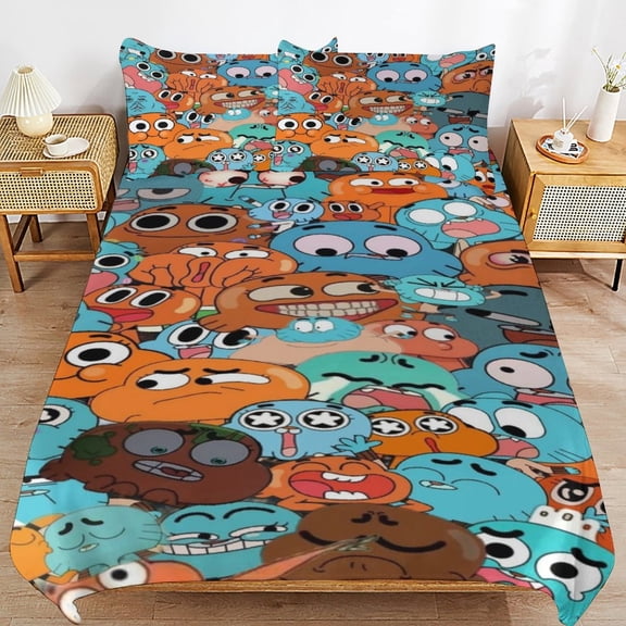 Amazing World of Gumball 3 Piece Anime Comforter Bedding 1 Set Super Soft Quilt Cover with 2 Pillowcases Funny Merch Anime Gifts for Girls Boys Kids Adults 86"×70"