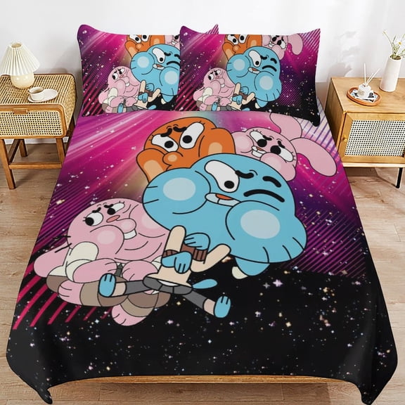 Amazing World of Gumball 3 Piece Anime Comforter Bedding 1 Set Super Soft Quilt Cover with 2 Pillowcases Funny Merch Anime Gifts for Girls Boys Kids Adults 86"×70"