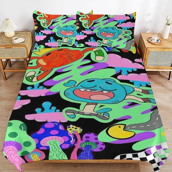 Amazing World of Gumball 3 Piece Anime Comforter Bedding 1 Set Super Soft Quilt Cover with 2 Pillowcases Funny Merch Anime Gifts for Girls Boys Kids Adults 86"×70"
