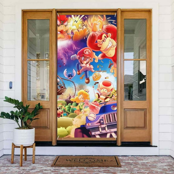 Amazing World Super Mario Bros Movie Door Cover Decorated Banner Tapestry Home Decoration Holiday Party Supplies Door Banner Porch Sign Banner 72.8 x 35.4 Inch