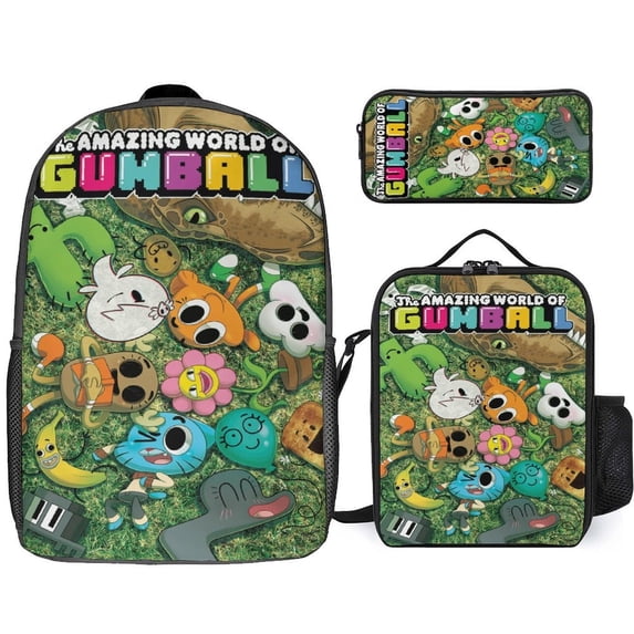 Amazing World of Gumball 3Pcs Backpack Sets Bookbag with Lunch Bag And Pencil Case for Office Travel Work
