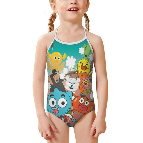 Amazing World of Gumball Girls Swimsuits One Piece Bathing Suit Cute Toddler Kids Pool Beach Swimwear Quick Dry 3-8 Years