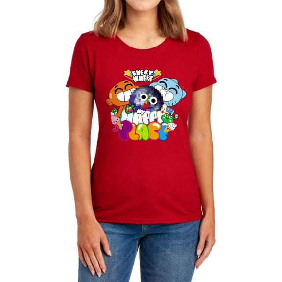 Amazing World of Gumball Happy Place Women's T Shirt, Red, Large