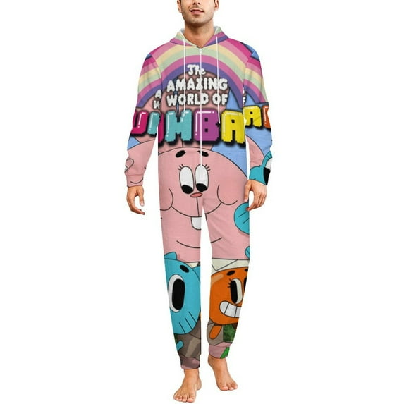 Amazing World of Gumball Men's Hooded Jumpsuit - Zip Up One Piece Pajamas Soft Cozy Winter Warm Plush Loungewear