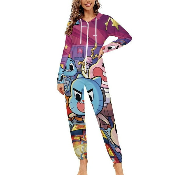 Amazing World of Gumball Womens Mens Hooded Jumpsuit - Zip Up One Piece Pajamas Soft Cozy Winter Warm Plush Loungewear