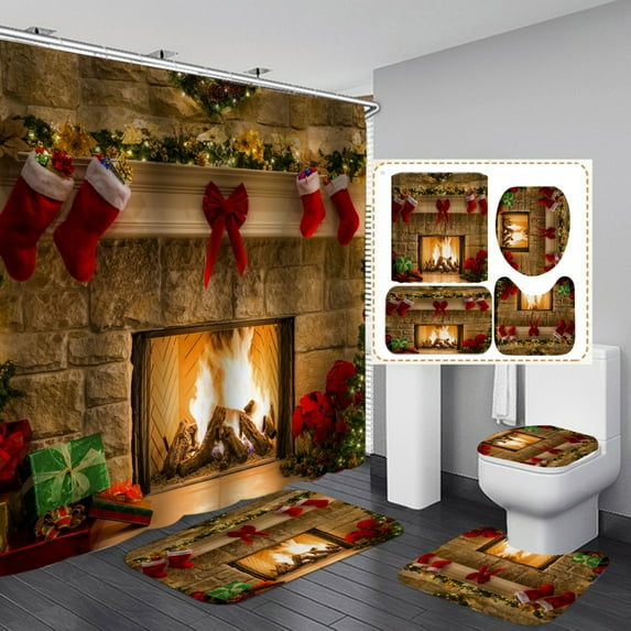Amazingfashion 4-Piece Christmas Printed Bathroom Linen & Accessory Set with Shower Curtain