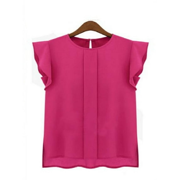 Amazingfashion Womens Blouses, Casual Solid Color Round Neck Flying Sleeve Chiffon Shirt Top Slim Fit