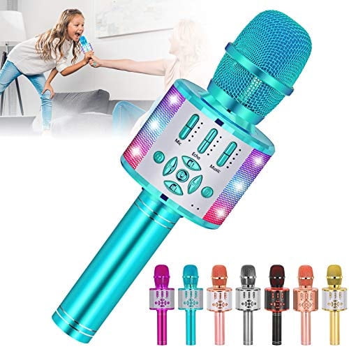 Amazmic Kids Karaoke Microphone Machine Toy Bluetooth Microphone Portable Wireless Karaoke Machine Handheld with LED Lights, Gift for Children Adults Birthday Party, Home KTV(Blue)