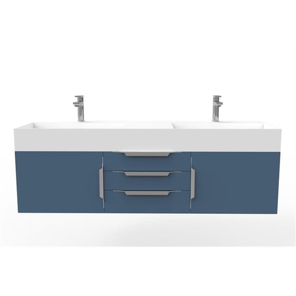 Amazon 60" Blue Wood Floating Vanity with White Top in Brushed Trim