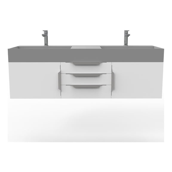Amazon 60" White Wood Floating Vanity with Gray Top in Brushed Trim