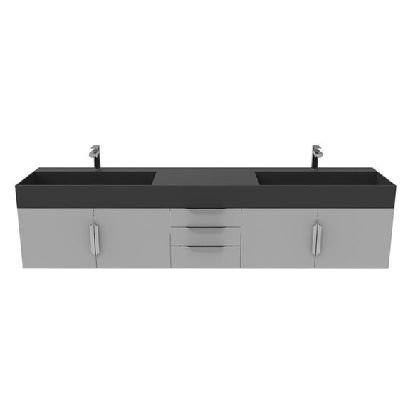 Amazon 84" Gray Wood Floating Vanity with Black Top and Brushed Nickel Trim