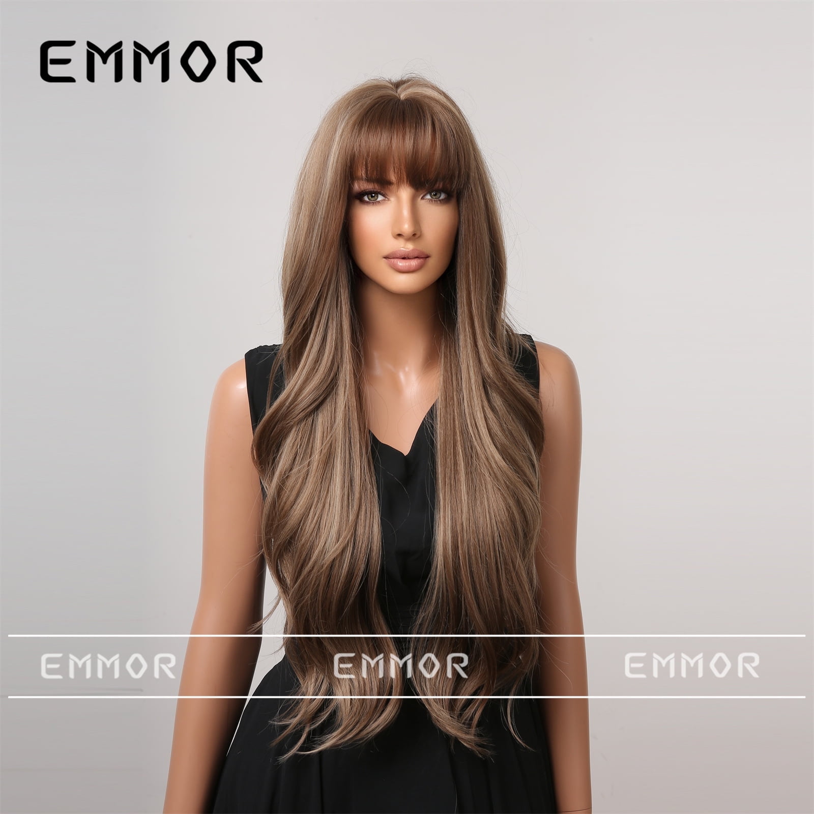 Amazon Bestseller Exclusive Women's Wig with Bangs Brown Long Curly Hair Natural Fluffy Full Wig Synthetic Hair