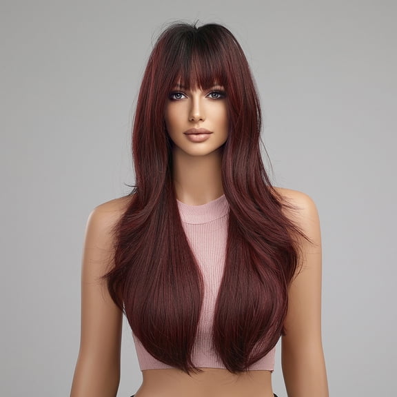 Amazon Cross-Border Trade European and American Style Bangs Long Hair Gradient Wine Red Wig Headpiece Factory Direct Sale