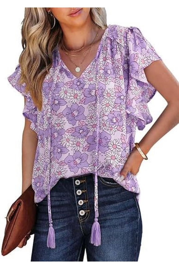 Amazon Cross border Foreign Trade 2024 Women's Summer Top Flower Short sleeved V-neck Women's Casual Loose Shirt