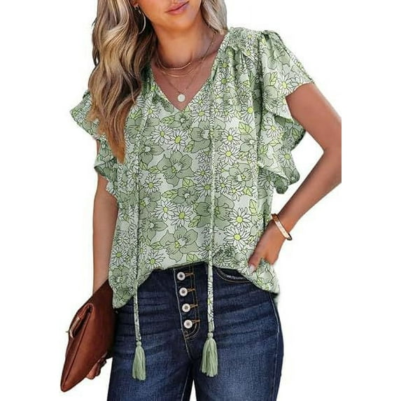 Amazon Cross border Foreign Trade 2024 Women's Summer Top Flower Short sleeved V-neck Women's Casual Loose Shirt
