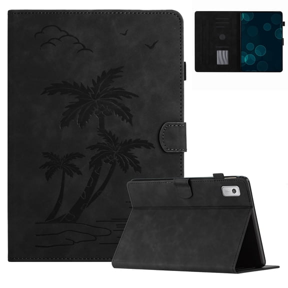 for Amazon Fire HD 7 2019/2017/2015 Smart Auto Sleep/Wake Cover with Pencil Holder, Tree Pattern PU Leather Card/Stylus Holder Folding Stand Anti-Scratch Cover, Black