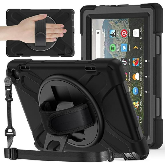 for Amazon Fire HD 8 Tablet Case 12th Generation 2024/2022 8 inch Shockproof Protective Kindle Fire HD 8 Kids Case Cover with Rotating Hand Strap+Stand Pen Holder Shoulder Strap