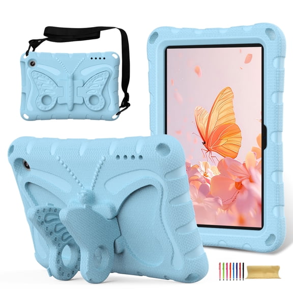 for Amazon Kindle Fire 7 12th Gen 2022 Case with Crossbody Strap, Butterfly Stand Cute Kids Friendly Shockproof Protective Heavy Duty Case Cover for Amazon Kindle Fire 7 12th Gen 2022 - Lightpurple