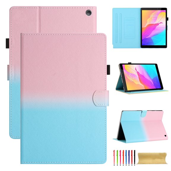 for Amazon Kindle Fire 7 12th Gen 2022, Gradient Color PU Leather Folio Stand Magnetic Wallet with Card Pockets [Auto Wake/Sleep] Soft TPU Shockproof Cover, Pink+Blue