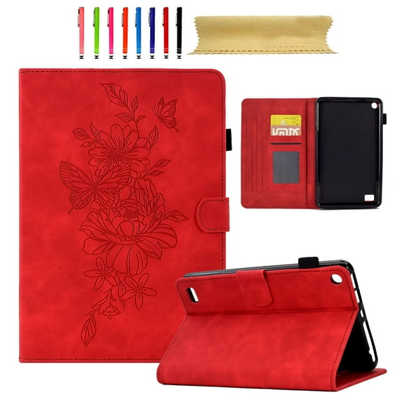 for Amazon Kindle Fire 7 2015/2017/2019, Premium Luxury PU Leather Cover/Smart Folio with Dual Stand & Auto Sleep/Wake Case Cover with Pen Slot & Card Slots for Fire 7 2015/2017/2019, Red