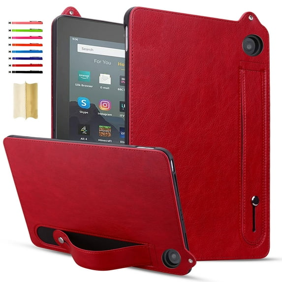 for Amazon Kindle Fire HD 10 and 10 Plus Tablet (11th Generation 2021 Release) - Shockproof Durable Premium PU Leather Cover with Kickstand, Business Style, Hand Strap Feature, Red