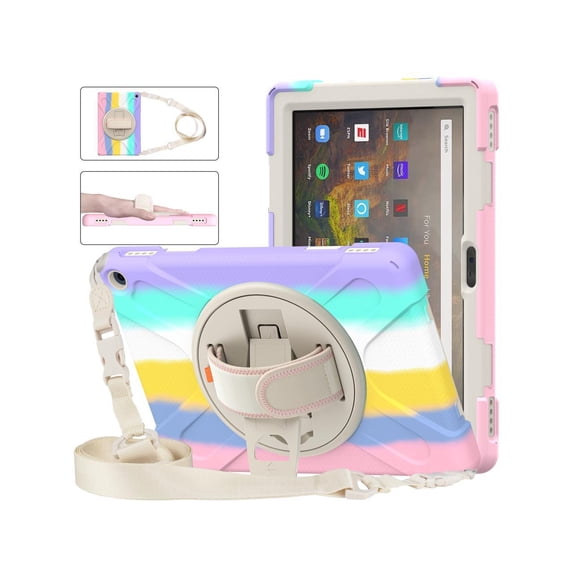 Case for Amazon Kindle Fire HD 10 / Fire HD 10 Plus 11th Generation 2021 Case, Shockproof Cover with Pencil Holder Kickstand Hand & Shoulder Strap