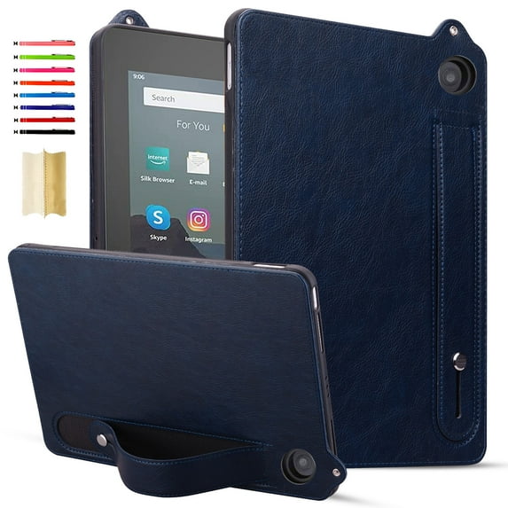 for Amazon Kindle Fire HD 10 and 10 Plus Tablet (11th Generation 2021 Release) - Shockproof Durable Premium PU Leather Cover with Kickstand, Business Style, Hand Strap Feature, Blue