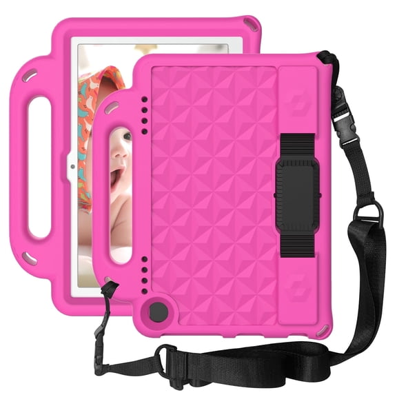 Amazon Kindle Fire HD 8 & 8 Plus Tablet (2024/2022/2020 Release,12th/10th Generation) for Kids Case Pencil Holder Shoulder/Hand Strap Kickstand | Three Layer Durable Protective Cover,Rose
