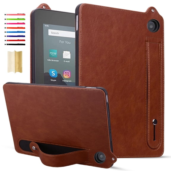 for Amazon Kindle Fire HD 8 Tablet (8th/7th/6th Generation, 2018/2017/2016) - Shockproof Durable Premium PU Leather Cover with Kickstand, Business Style, Hand Strap Feature,Brown