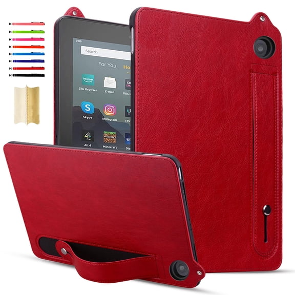 for Amazon Kindle Fire HD 8 Tablet (8th/7th/6th Generation, 2018/2017/2016) - Shockproof Durable Premium PU Leather Cover with Kickstand, Business Style, Hand Strap Feature,Red