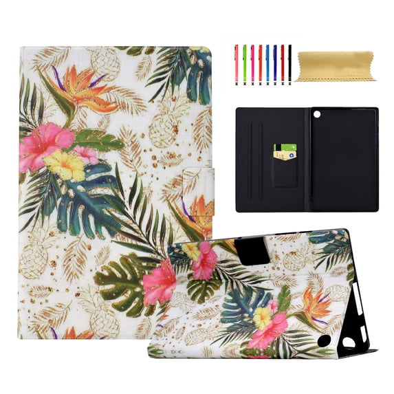 for Amazon Kindle Fire HD8 / HD8 Plus 2020/2022/2024 Case, Pattern PU Leather Full Body Protective Adjustable Stand Cover with Card Pocket Folio Flip Case Cover, Golden Pineapple