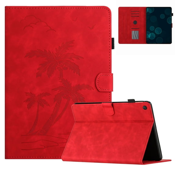 for Amazon Kindle Fire HD8 / HD8 Plus 2020/2022 Smart Auto Sleep/Wake Cover with Pencil Holder, Tree Pattern PU Leather Card/Stylus Holder Folding Stand Anti-Scratch Cover, Red