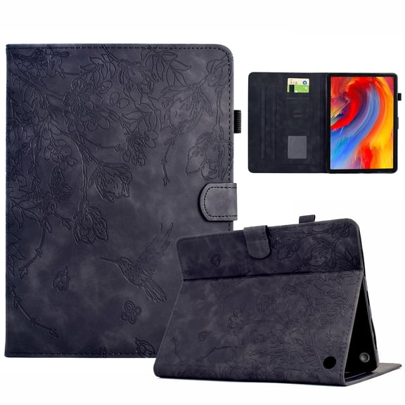 for Amazon Kindle Fire HD8 / HD8 Plus 2020/2022 Tablet Case, PU Leather Embossed Flower Pattern Cover with Multi-Angle Flip Stand & Card Slots Protective Cover Case, Black