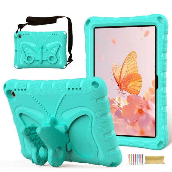 for Amazon Kindle Fire HD8 / HD8 Plus 2024/2022/2020 Case with Crossbody Strap, Butterfly Stand Cute Kids Friendly Shockproof Protective Heavy Duty Case Cover for HD8/HD8plus 2024/2022/2020 - Mint