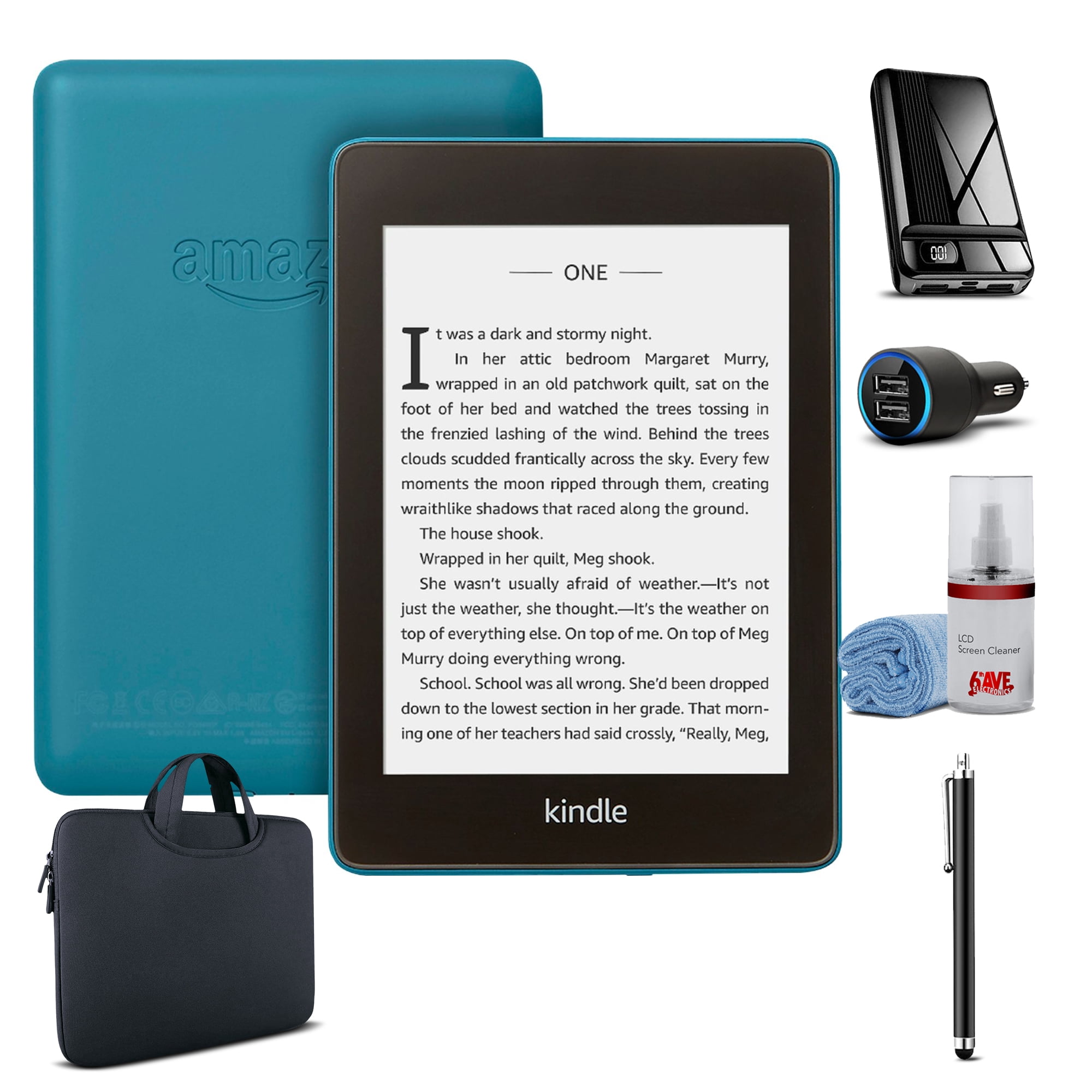 Kindle Paperwhite 6 8GB E-Reader - Blue Bundle with Power Bank +  Zipper Sleeve + USB Car Adapter + Stylus + Screen Cleaner 