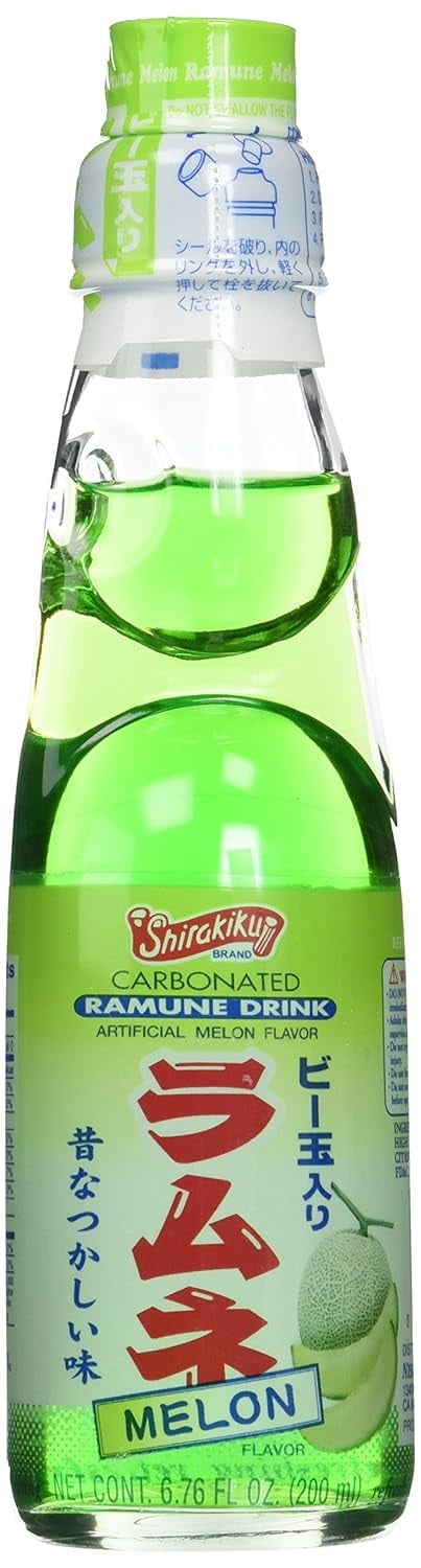 Shirakiku Refresco Ramune Sabor Melón, 6.76 fl oz (Paquete de 3) | Refresco Japonés Carbonatado en Botellas de Vidrio con Canica