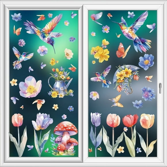 New Spring Colorful Hummingbird Butterfly Flower Glass Sticker Window Refrigerator Wallpaper Static Window Flower Sticker