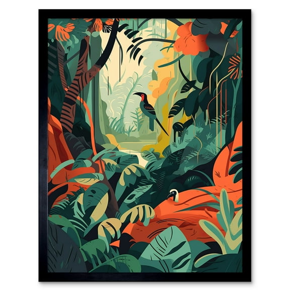 Amazon Rainforest Diverse Flora and Tropical Birds Art Print Framed Poster Wall Decor 12x16 inch