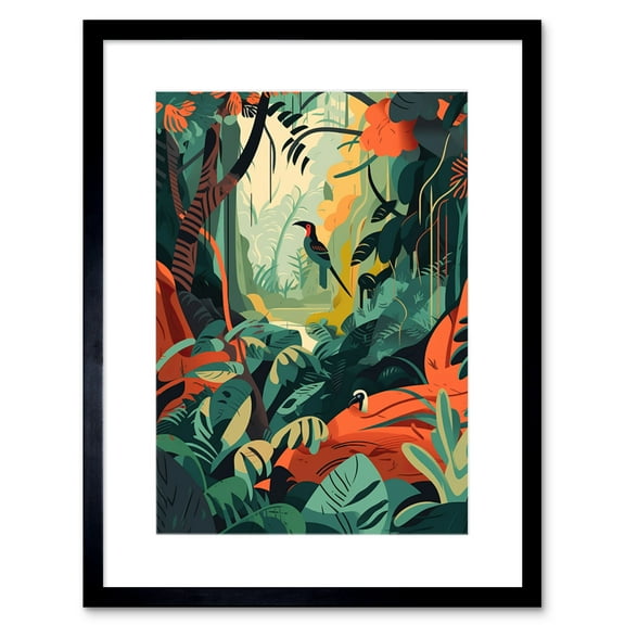 Amazon Rainforest Diverse Flora and Tropical Birds Artwork Framed Wall Art Print 9X7 Inch