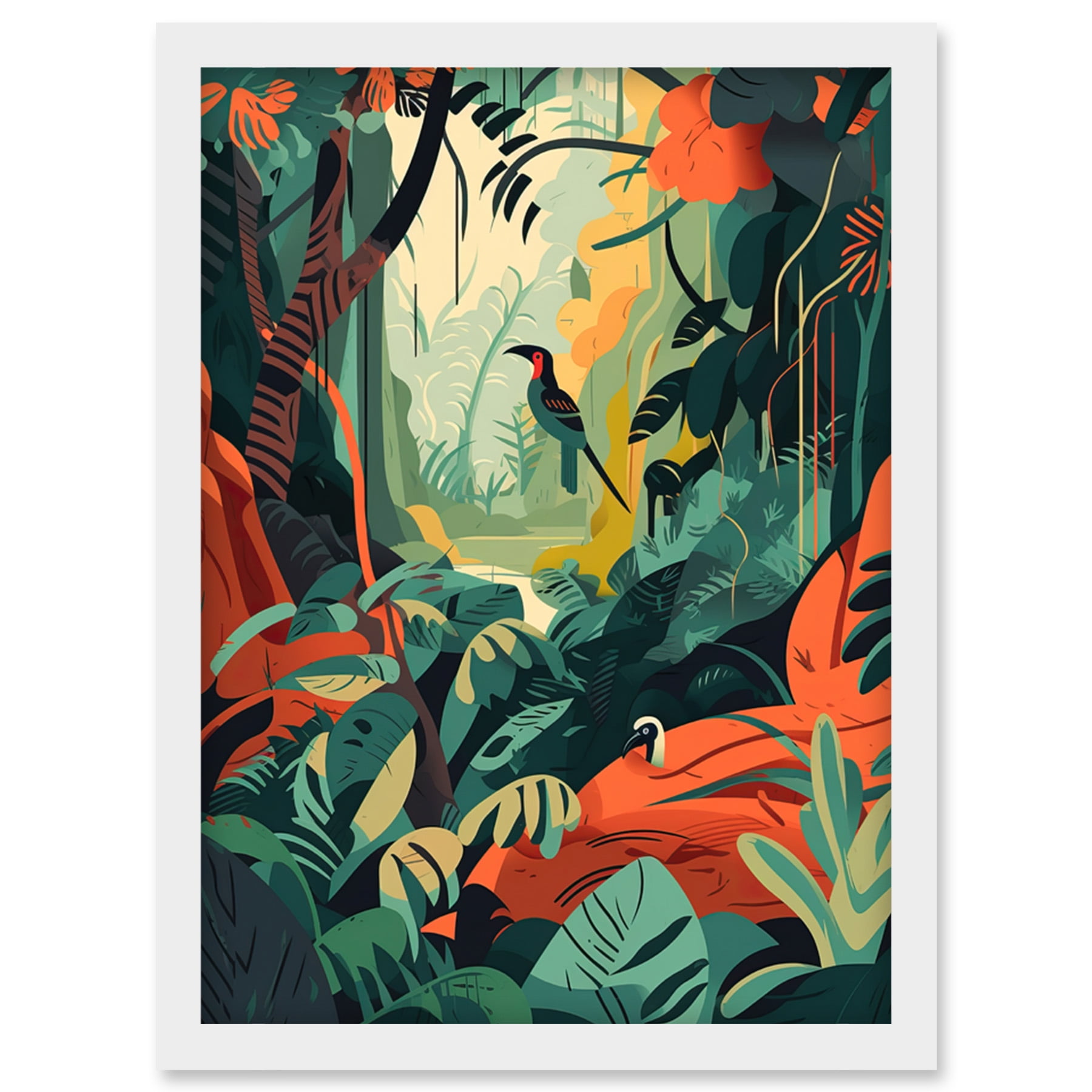 Amazon Rainforest Diverse Flora and Tropical Birds Artwork Framed