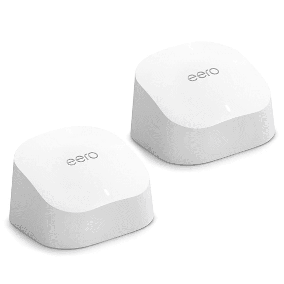 Amazon eero 6 mesh wifi system - Supports internet plans up to 500 Mbps, Coverage up to 3,000 sq. ft., Connect 75+ devices, 2-pack (1 router + 1 extender)- Without eero Plus