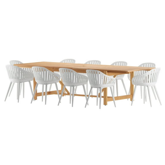 Amazonia 11 and 9 Piece Rectangular Patio Dining Set With Aluminium Chairs-Color:White,Seat:11,Wood:Teak