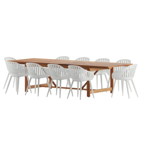 Amazonia 11 and 9 Piece Rectangular Patio Dining Set With Aluminium Chairs-Color:White,Seat:11,Wood:Eucalyptus