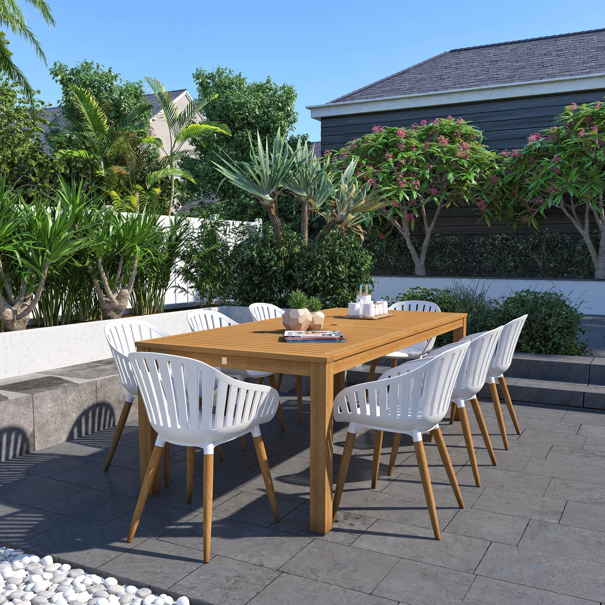 Amazonia Allende 9-Pieces Teak Finish Outdoor Dining Set with Cushions, Brown/Beige
