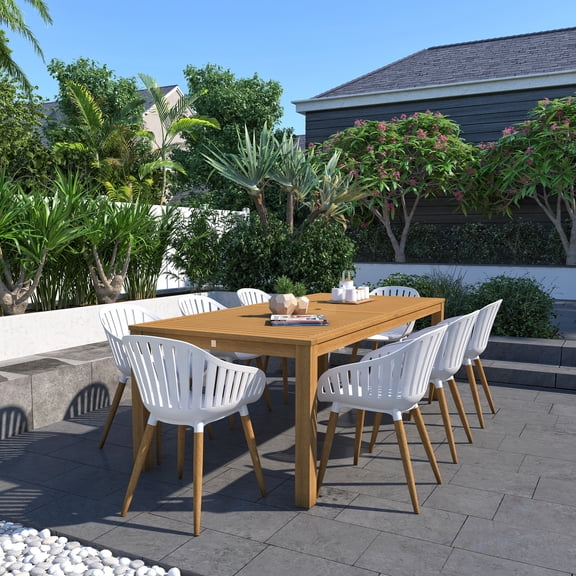 Amazonia Allende 9-Pieces Teak Finish Outdoor Dining Set with Cushions, Brown/Beige