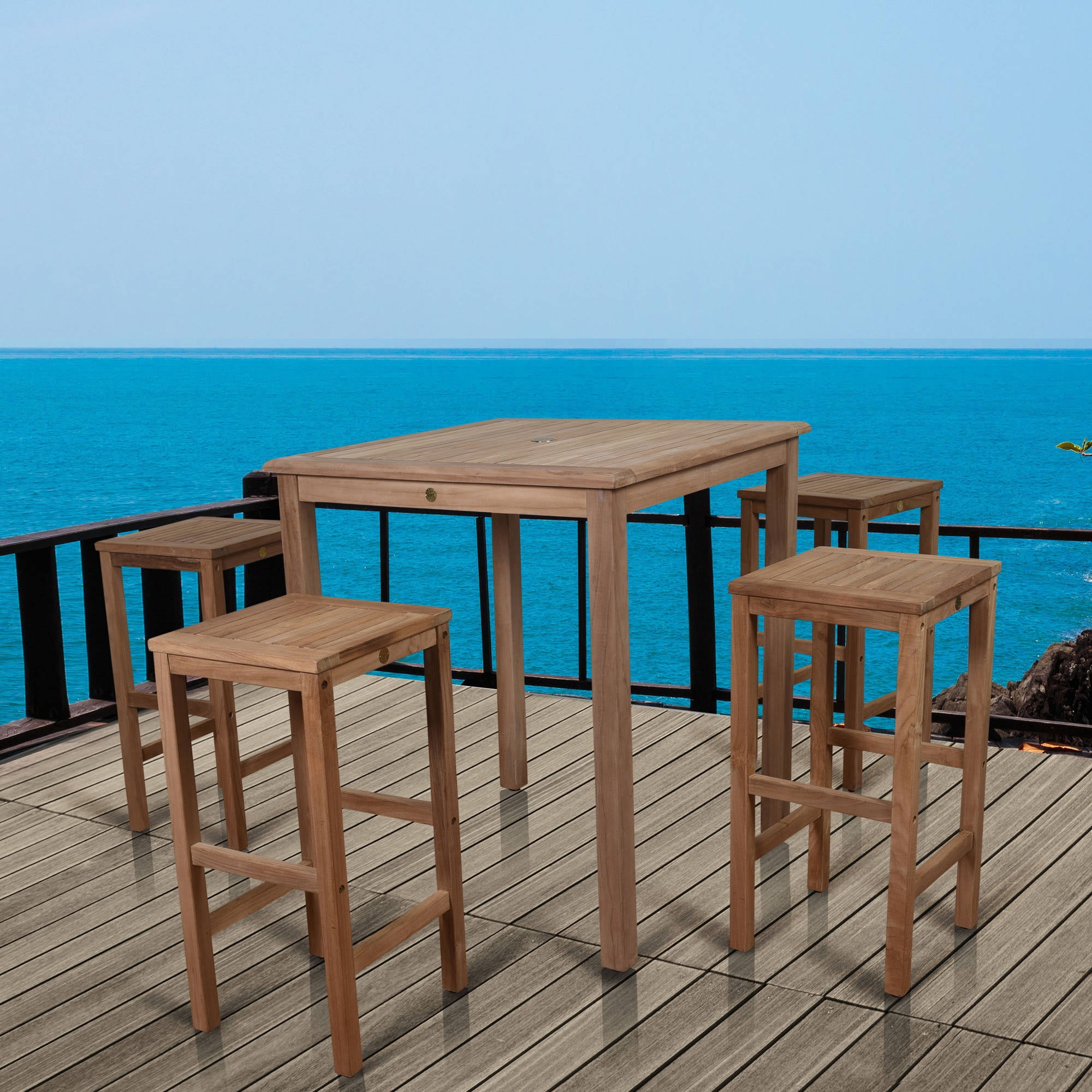 Amazonia Ares Bar Table Set With 4 Texas Teak Wood Barstools, Brown