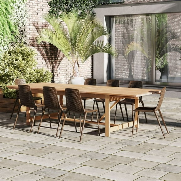 Amazonia Astro 9-Piece Patio Dining Table Set, Teak Finish, Ideal for Outdoors and Indoors, Brown