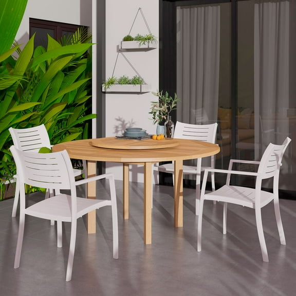 Amazonia Auckland 5 Pieces Lazy Susan Teak Finish Round Patio Dining Set, Seating Capacity: 4