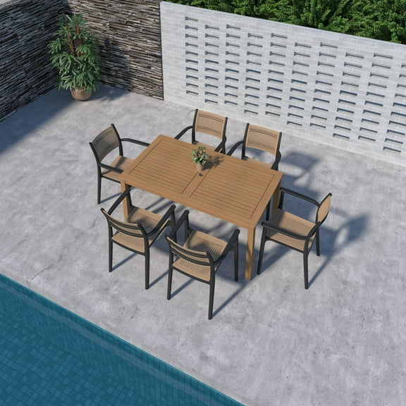Amazonia Bahía Luna 7-Piece Teak Finish Wood 100% FSC Rectangular Patio Dining Set