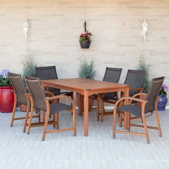 Amazonia Bahamas 7-Piece Rectangular Patio Dining Set, Eucalyptus Wood, Ideal for Outdoors and Indoors, Brown